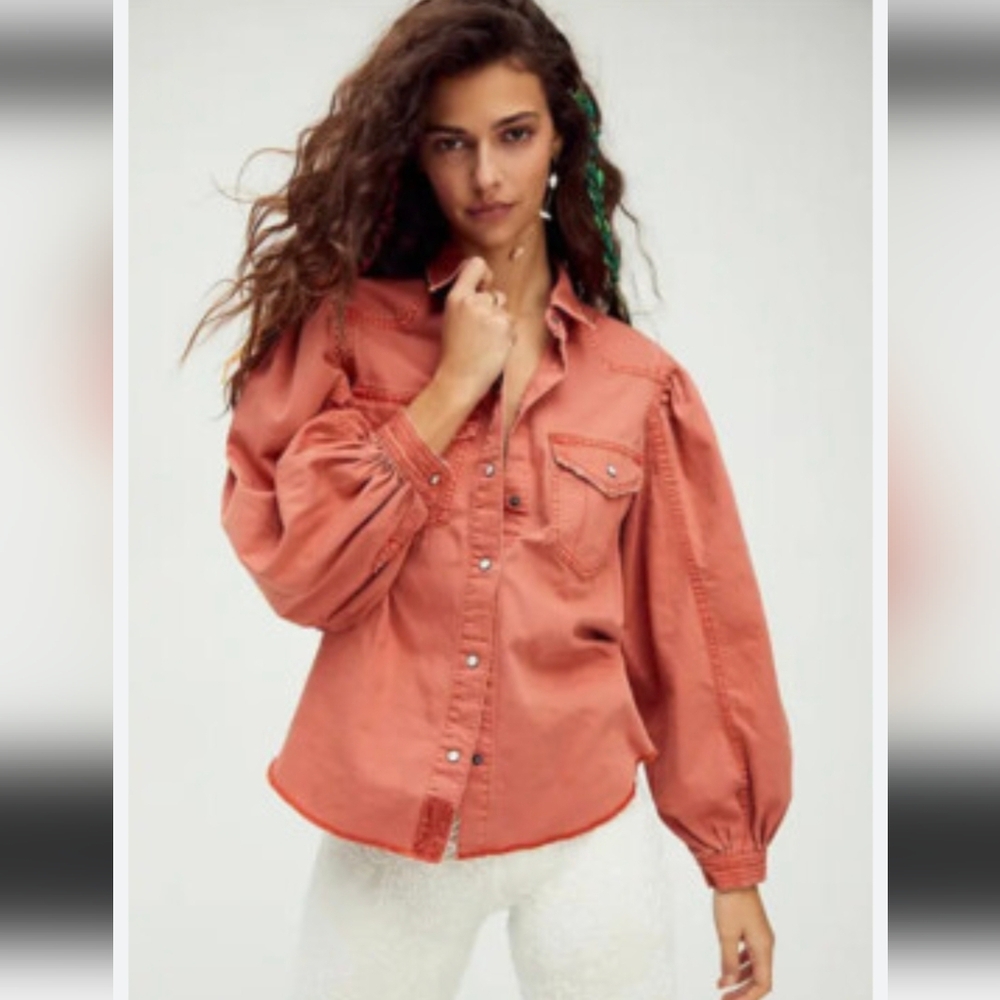 We The Free Terricotta With Love Cotton Denim Button Down Shirt Western Boho XS